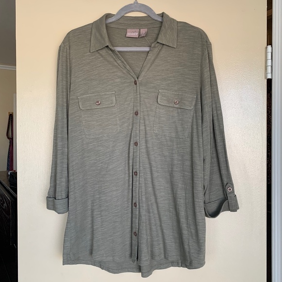 Chico's T-shirt Knit Button Down Shirt Sz.2 or L Olive Green Roll Tab - Picture 1 of 10